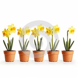 Symmetrical Display: Six Yellow Daffodils In Pots On White Background