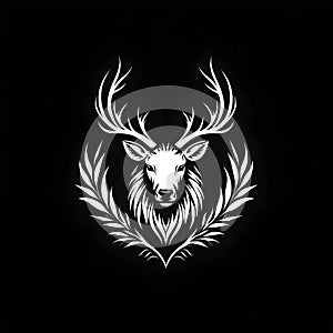 Stylized design of a deer's head with antlers in white against a black background.