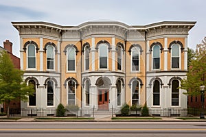 symmetrical exterior shot of italianate building with rounded windows