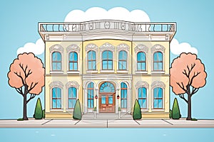 symmetrical exterior shot of italianate building with rounded windows, magazine style illustration