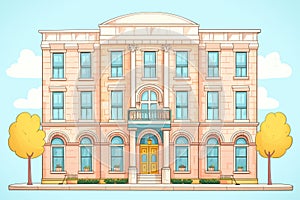 symmetrical exterior shot of italianate building with rounded windows, magazine style illustration