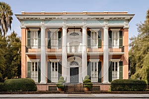 symmetrical facade of a greek revival house with prominent pediments photo