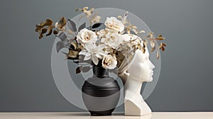 Symmetrical Floral Still-life: Vase With Flower On Woman\'s Head