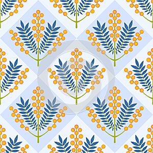 Symmetrical floral vector seamless pattern. Stylized branch with yellow flowers and leaves on blue geometric background