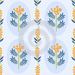Symmetrical floral vector seamless pattern. Stylized yellow Mimosa flowers and leaves on blue background. Australian