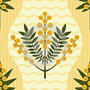 Symmetrical floral vector seamless pattern. Stylized yellow Mimosa flowers and leaves on yellow striped background