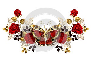 Symmetrical flower arrangement with red butterfly
