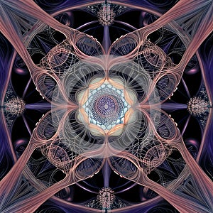 Symmetrical Fractal Mandala with Intricate Purple and Pink Patterns