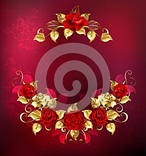 Symmetrical garland of gold and red roses