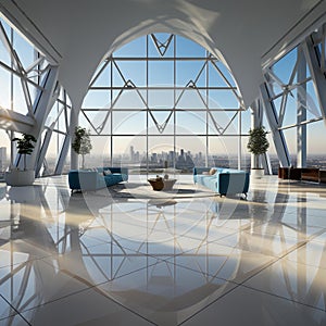 Symmetrical Geometric Design on Glossy Marble Floor in Modern Office Space photo