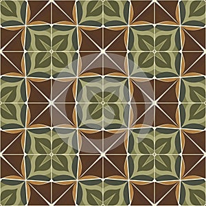 Symmetrical geometric pattern featuring repeating square tiles. Each tile consists of a central