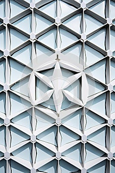 Symmetrical Geometric Pattern: Vibrant Shapes on Reflective Marble