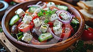 Symmetrical greek salad with fresh ingredients and olive oil dressing on wooden table