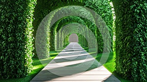 Symmetrical green tunnel with arched door at the end