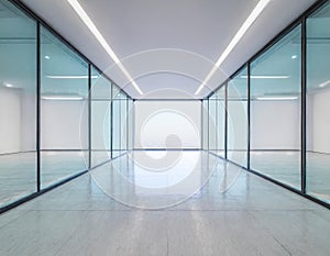 Symmetrical hall in glass office building interior