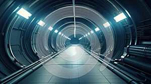 Symmetrical illuminated empty technical tunnel between compartments on a spaceship, wide angle, metallic dark blue color