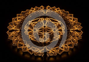 A symmetrical, intricate geometric structure composed of glowing triangular patterns