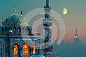 Symmetrical mosque with crescent moon in atmospheric city sky
