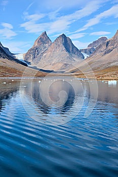 Almost symmetrical: mountains and glaciers reflected in Skoldungen fjord, Greenland