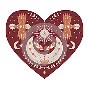 Symmetrical Mystical Heart with birds, crescent moon, twigs, sun, feathers. Decorative element for Valentine's day