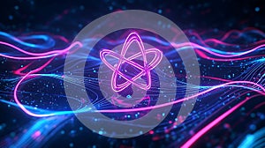 A symmetrical operator icon bridging real eigenvalues set in an abstract wavefunction space neon arcs