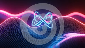 Symmetrical operator icon bridging real eigenvalues in abstract wavefunction space, neon arcs