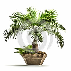 Symmetrical Palm Bonsai: Staged Scenes Of Earthworks On White Background