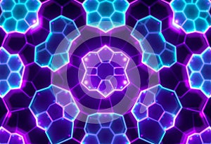 Symmetrical pattern of neon blue and purple glowing hexagons on black