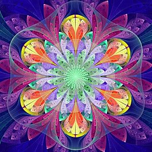 Symmetrical pattern in stained-glass window style. Blue, purple, green and orange palette. Computer generated graphics.