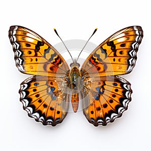 Symmetrical Pearl Crescent Butterfly On White Background In Graflex Speed Graphic Style