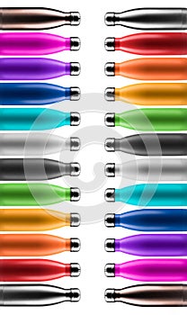 Symmetrical reflection of colorful reusable steel stainless thermo water bottles isolated on white background.