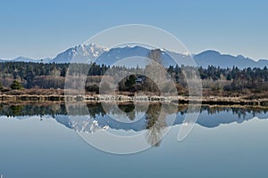Symmetrical reflections of mountains and trees in the pond.