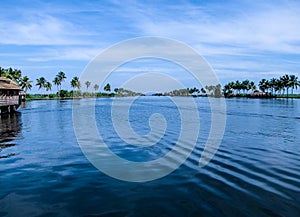 A symmetrical scenic view of Vembanad lake in Kerala, India