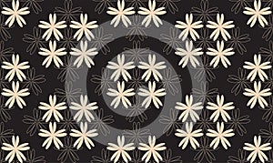 Symmetrical Seamless Pattern with White Flowers on Black Background