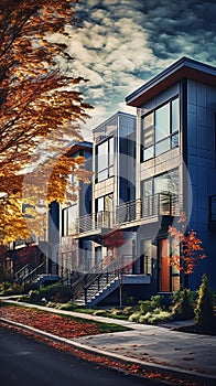 Symmetrical Serenity: A Stunning Autumn Scene of Sleek Row House