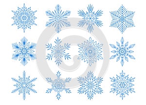 Symmetrical snowflake mandala set, star shape icons set blue white outline