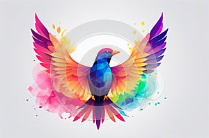 Symmetrical Tessellated Geometric Bird Vector Art: Vibrant Smoke Effects on White Background