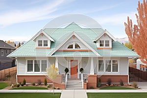 symmetrical twostory home with hip roof and dormer windows