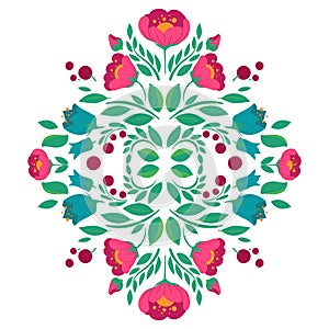 Symmetrical vector floral ornament. Folk art decoration with meadow and garden flowers and berries