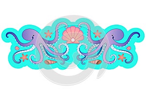 Symmetrical vector sea illustration with octopuses, shells, mollusks, starfish and a scallop shell with a large pearl. Vector hori