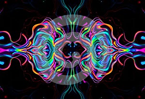 Symmetrical, vibrant, neon pattern featuring swirling shapes against a dark background