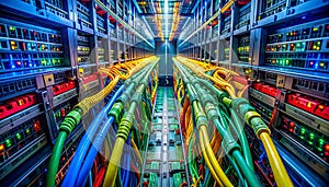Vibrant Network Cables in a Modern Data Center Aisle