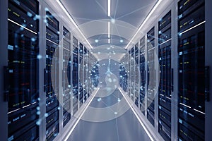 Futuristic digital network connecting rows of illuminated server racks in a data center server room
