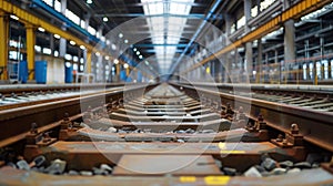 Symmetrical view of railway tracks inside a large, well-lit warehouse representing industrial work.