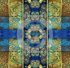 Symmetrical vintage floral design on blue background