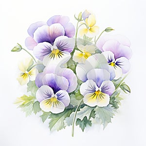 Symmetrical Watercolor Pansy Painting With White Candy Flowers