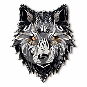 Symmetrical Wolf Head Sticker Design With Ornate Pattern