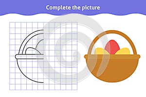 Symmetrical worksheet with basket with eggs for kindergarten and preschool