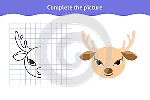 Symmetrical worksheet with cute deer face for kindergarten and preschool.