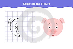 Symmetrical worksheet with cute pig face for kindergarten and preschool.